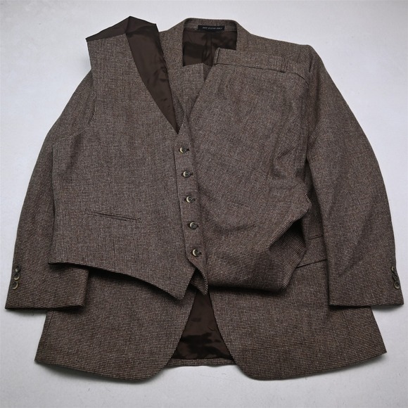 Vtg Mens 3 Piece Vest 44L 36x32 Brown Birdseye Wool Tweed Mens Jacket Pants Suit